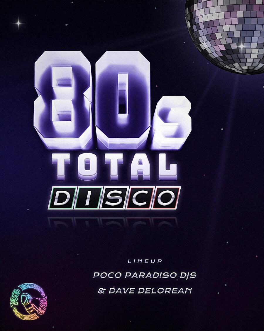 the 80s total disco, neon-schriftzug mit discokugel auf dunkelviolettem hintergrund
