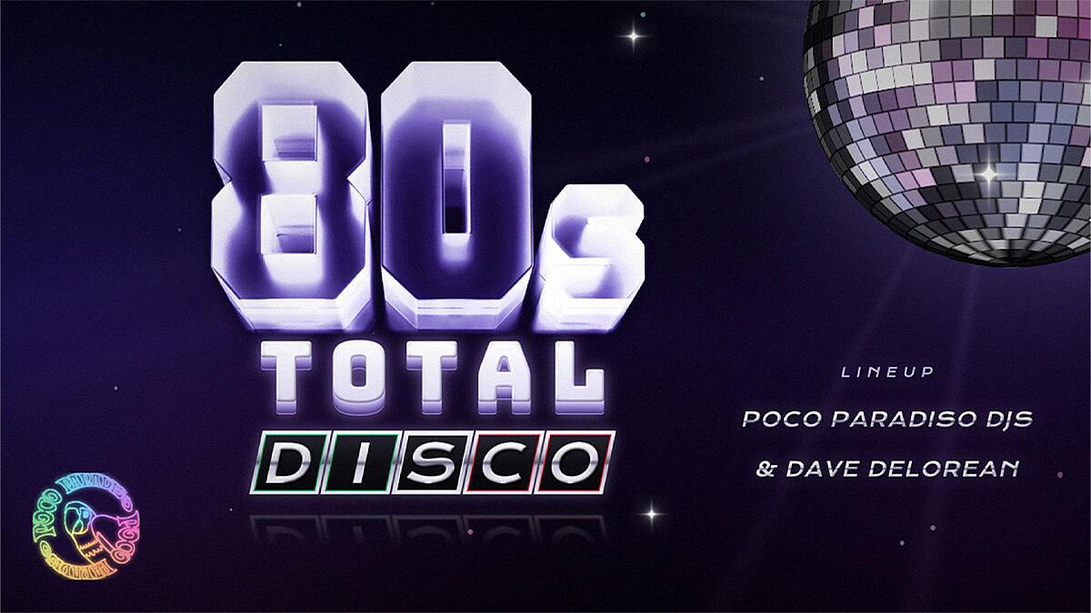 the 80s total disco, neon-schriftzug mit discokugel auf dunkelviolettem hintergrund