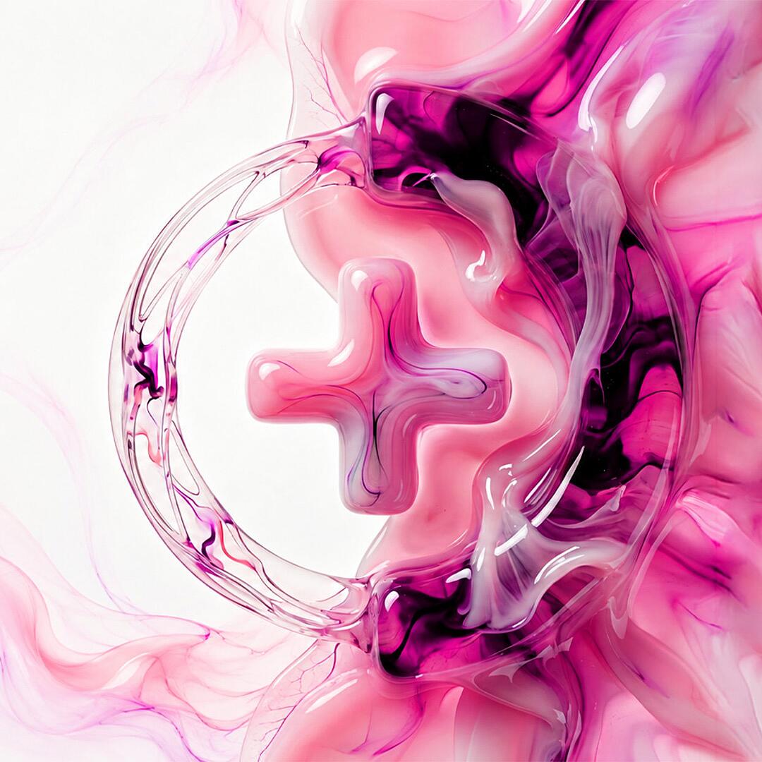 fluides feiern, abstrakte pinke flüssigkeitsformen mit transparentem plus-symbol auf weißem hintergrund