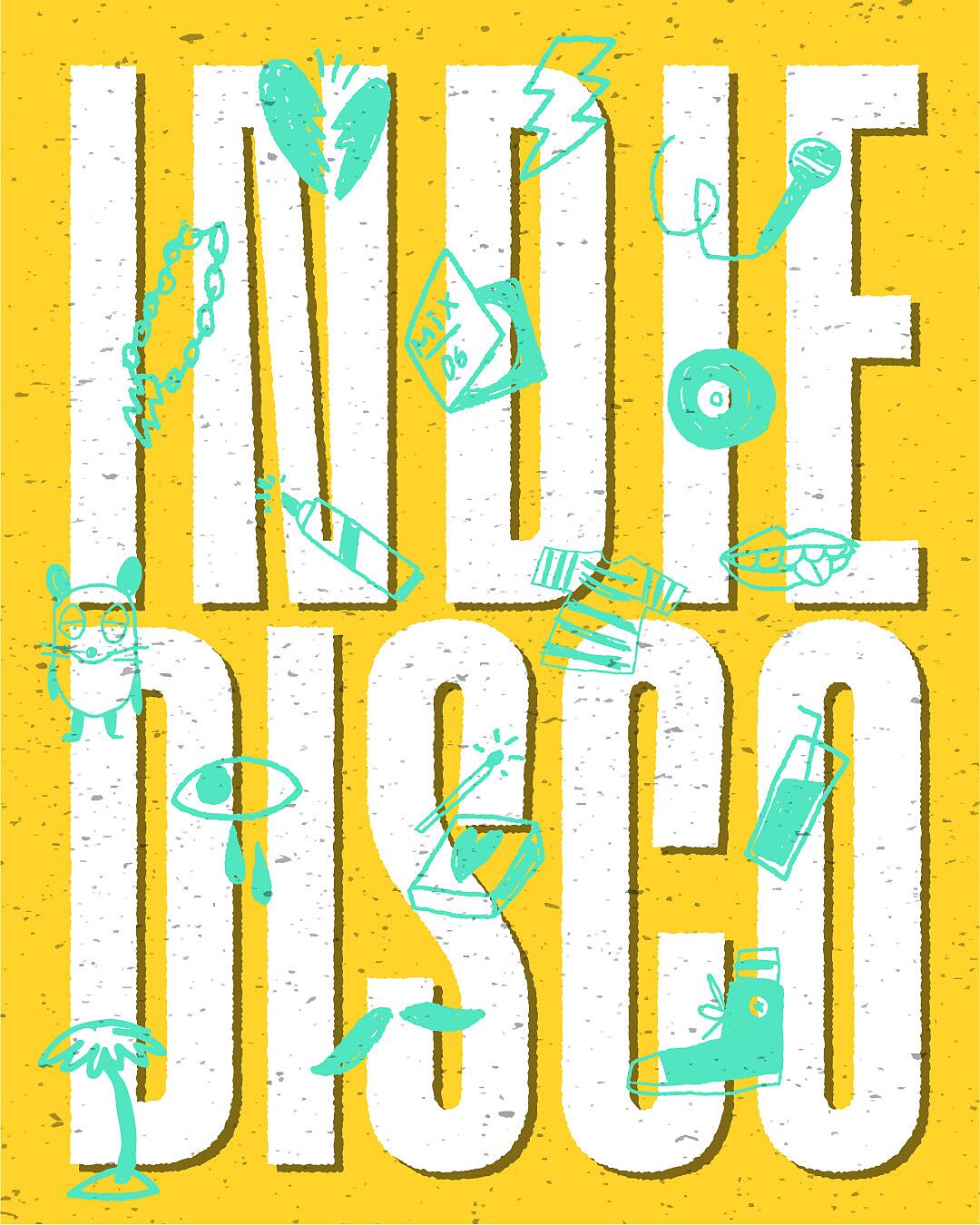 indie disco, weißer schriftzug mit türkisfarbenen illustrationen auf gelbem hintergrund