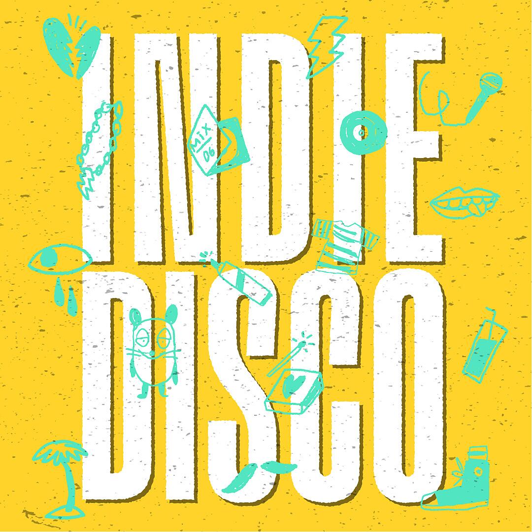 indie disco, weißer schriftzug mit türkisfarbenen illustrationen auf gelbem hintergrund