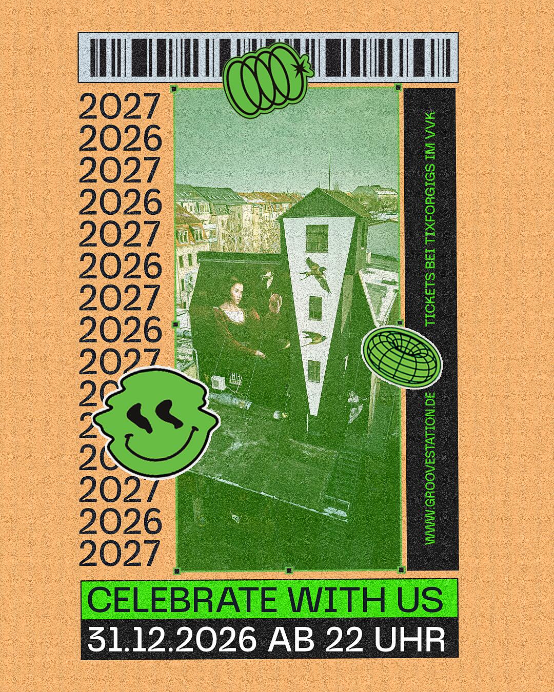 silvester party, bunte retro-grafik mit new-year-schriftzug und aussenansicht groovestation