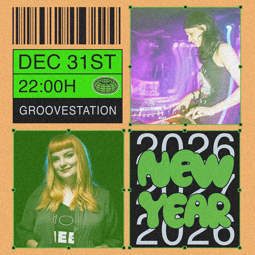 silvester party, bunte retro-grafik mit new-year-schriftzug und aussenansicht groovestation