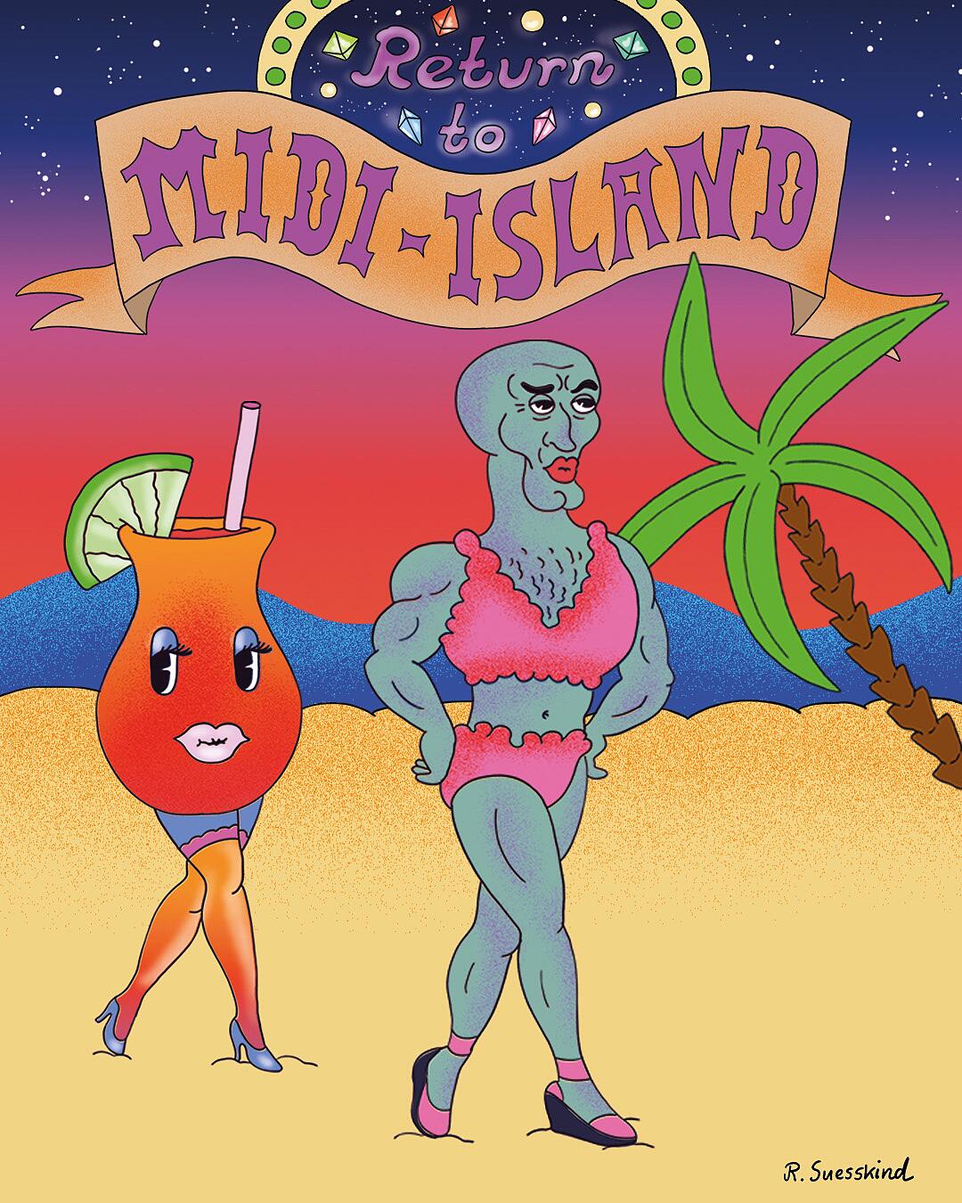 midi, bunte cartoonillustration mit palmen, cocktailfiguren und strand unter dem schriftzug „return to tidlisland“