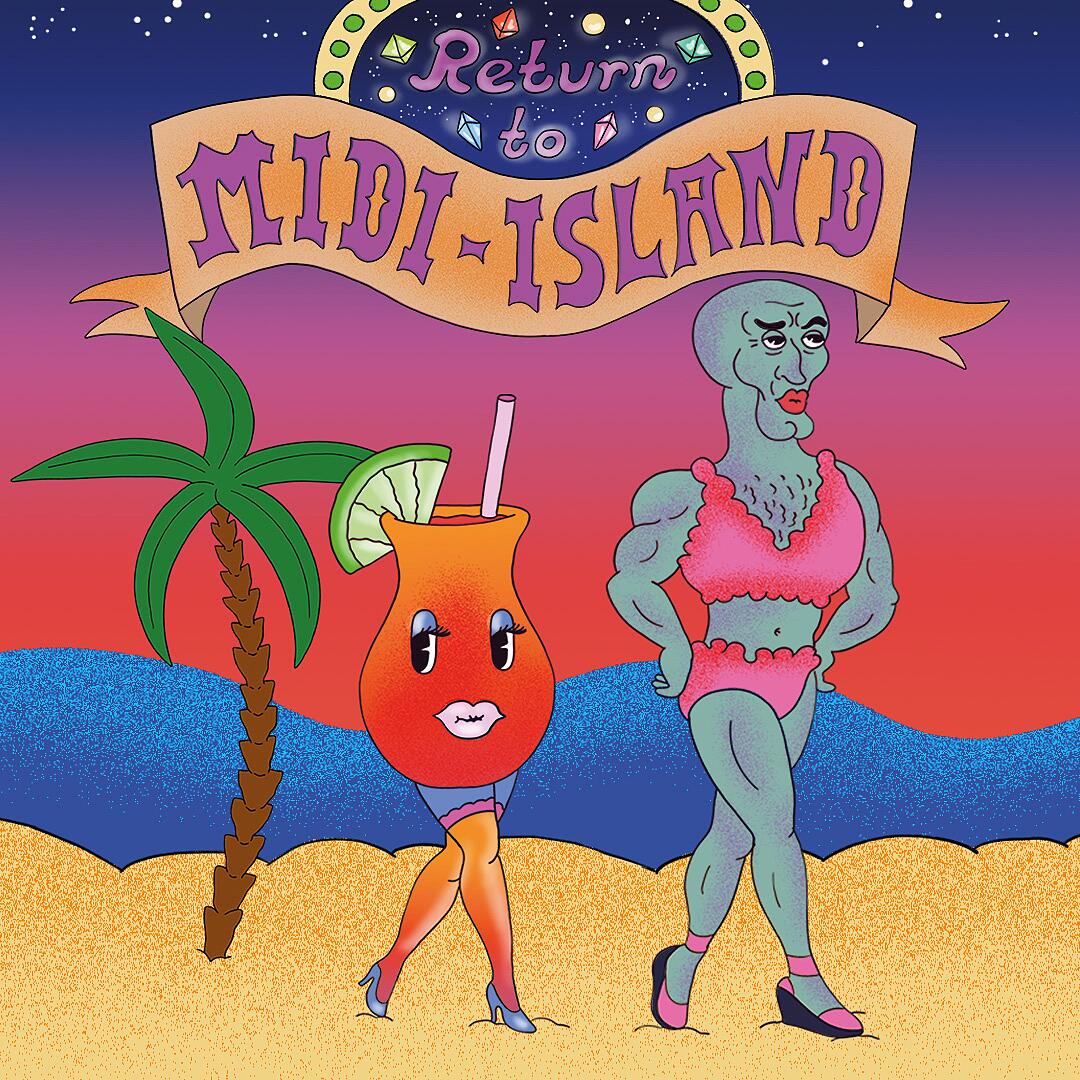 midi, bunte cartoonillustration mit palmen, cocktailfiguren und strand unter dem schriftzug „return to tidlisland“