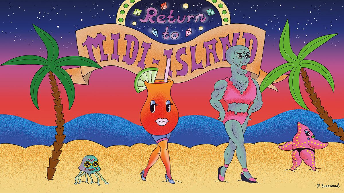 midi, bunte cartoonillustration mit palmen, cocktailfiguren und strand unter dem schriftzug „return to tidlisland“
