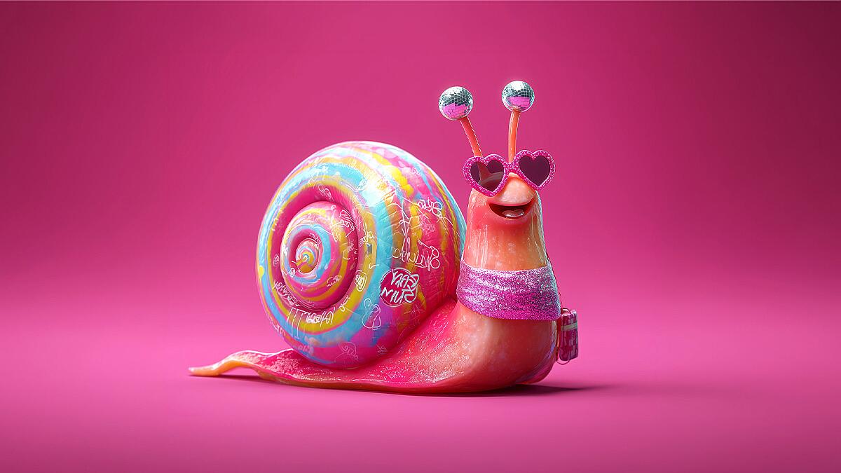 MiDi, bunte Schnecke mit Herzbrille auf pinkem Hintergrund
