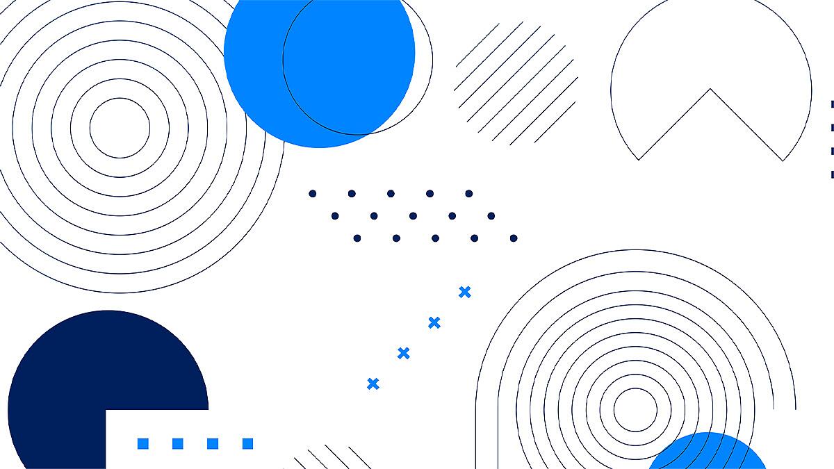 Abstrakte Grafik mit Kreisen, Linien und Punkten in Blau