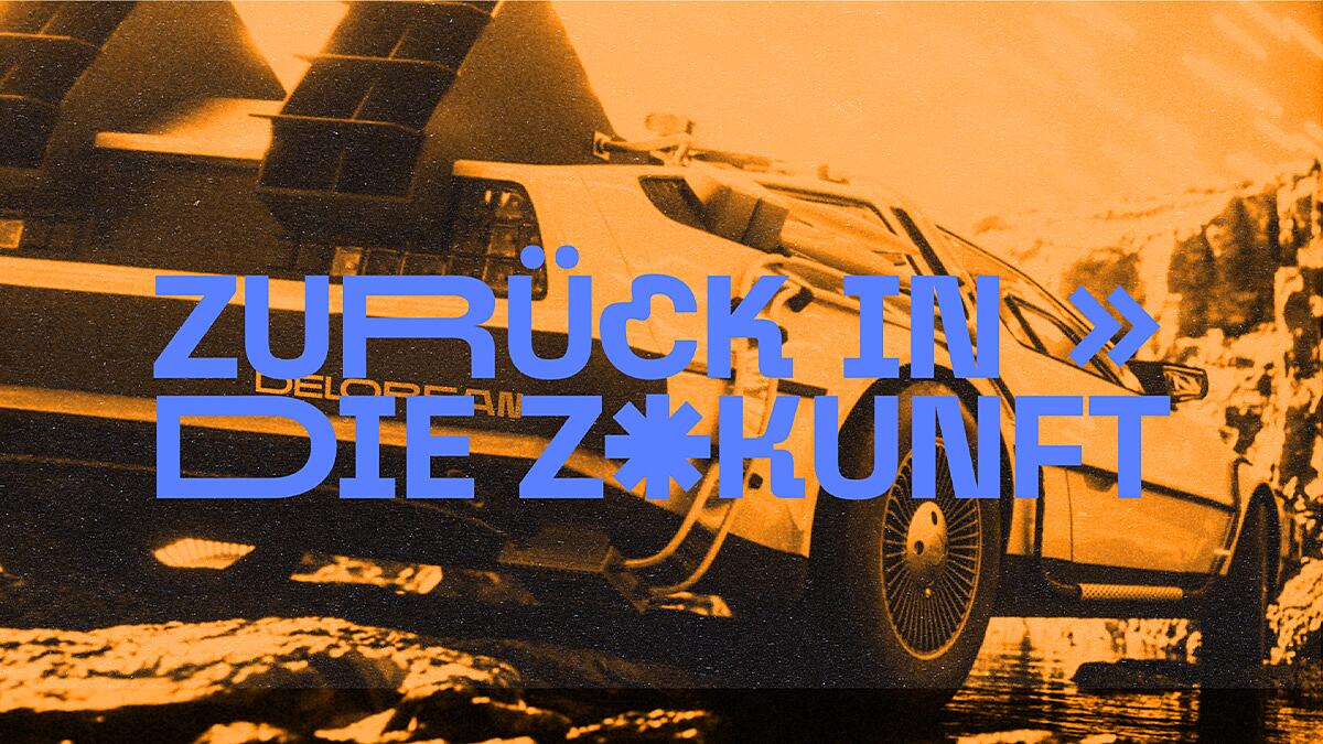DeLorean-Auto mit Schriftzug ‚Zurück in die Zukunft