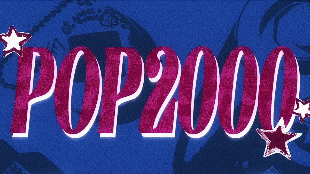 Pop2000 Party, Schriftzug in Pink auf blauem Hintergrund