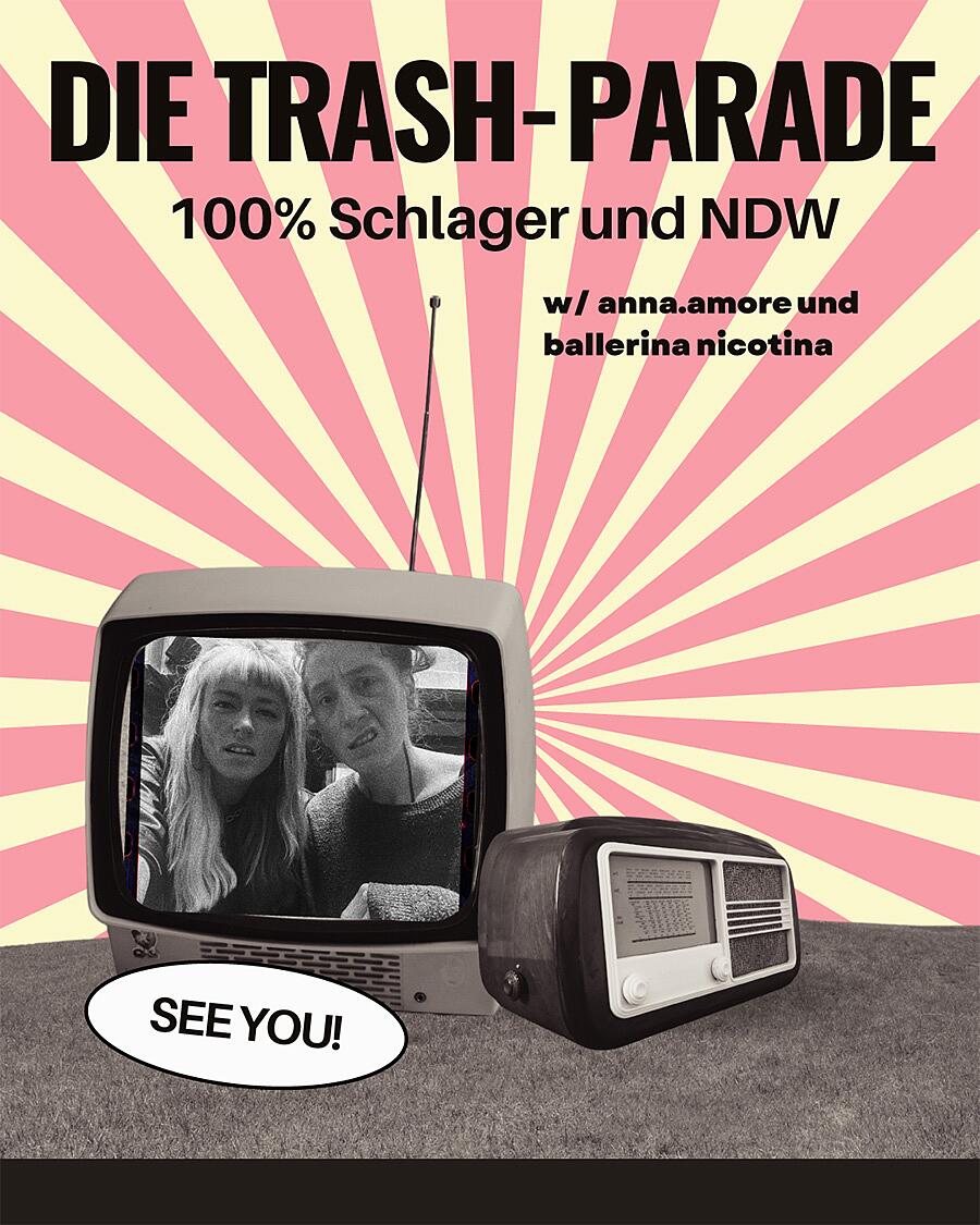 die trash-parade, retro tv mit foto und grafischem hintergrund