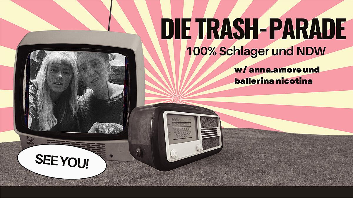 die trash-parade, retro tv mit foto und grafischem hintergrund