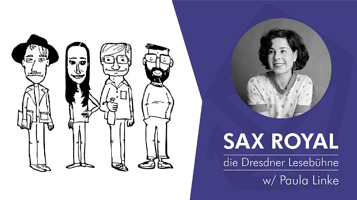 sax royal, gezeichnete figuren und portraitfoto rechts Paula Linke