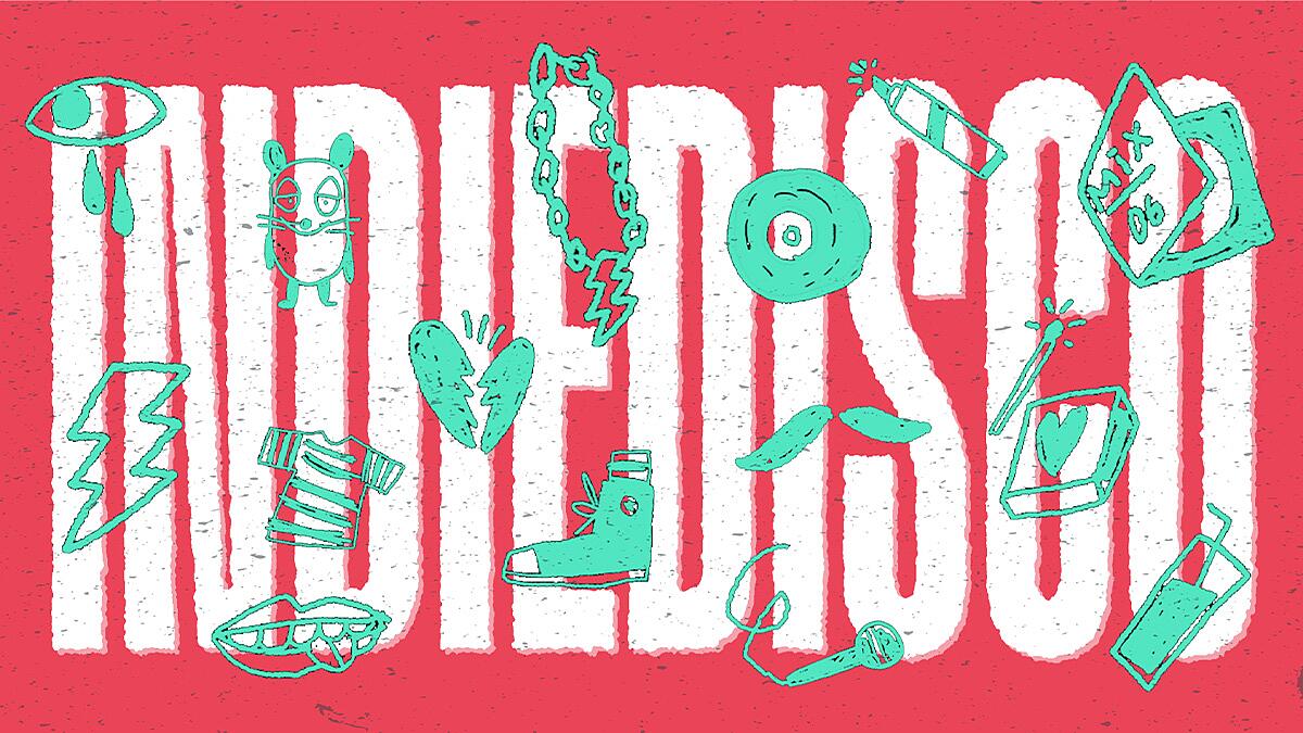 indie disco, grafische illustration mit symbolelementen und schriftzug