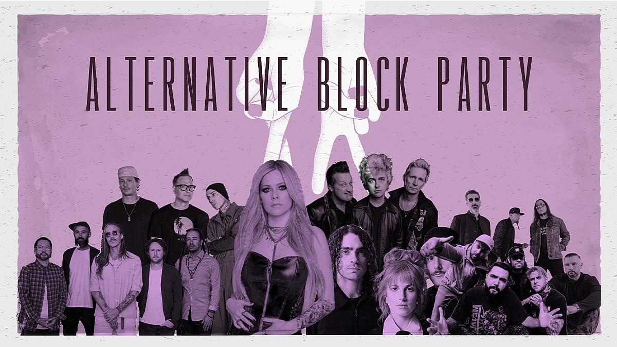 alternative block party, collage aus bands auf lila hintergrund