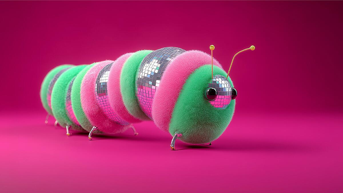 bunte raupe mit discoelementen auf pinkem hintergrund