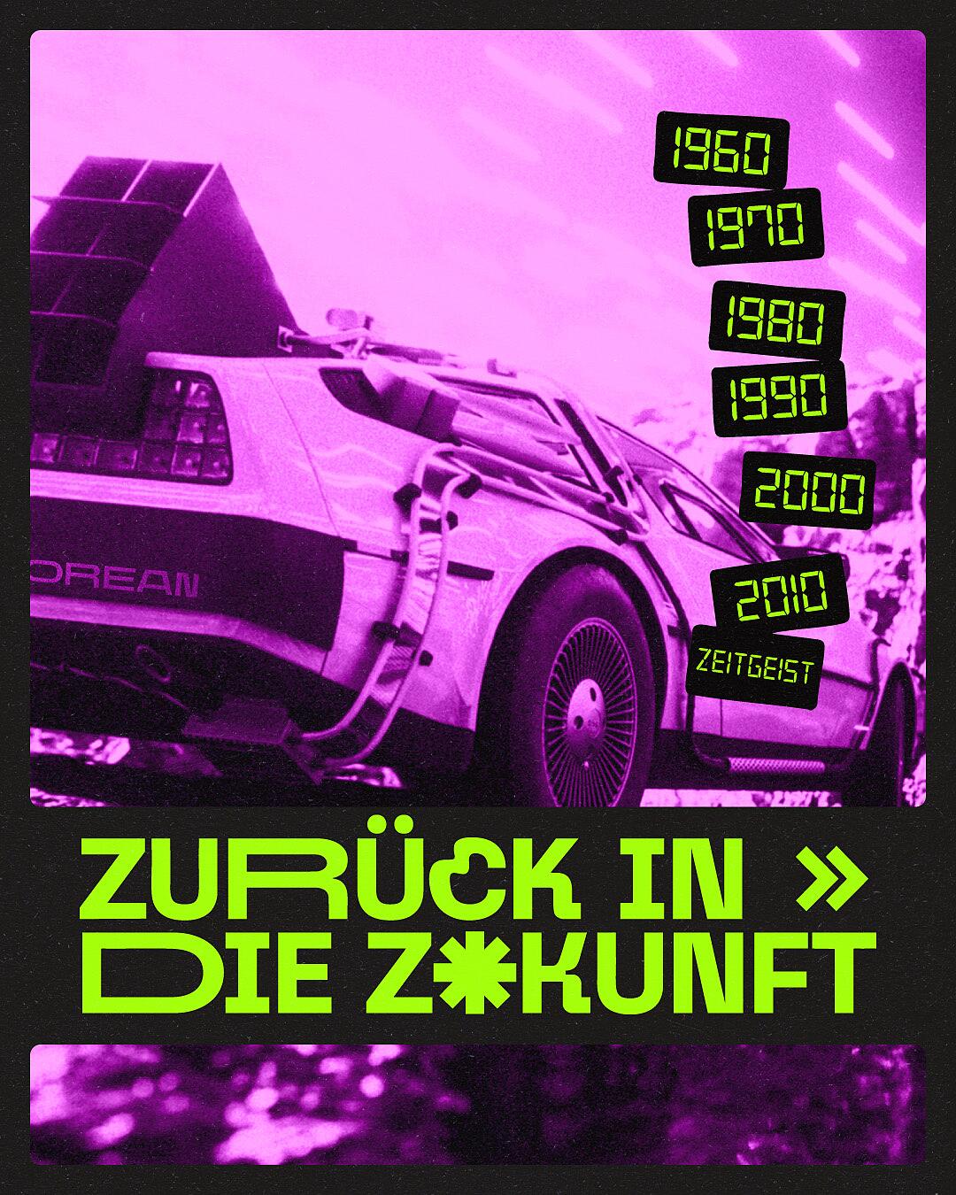 zurück in die zukunft, delorean mit neon-schriftzug
