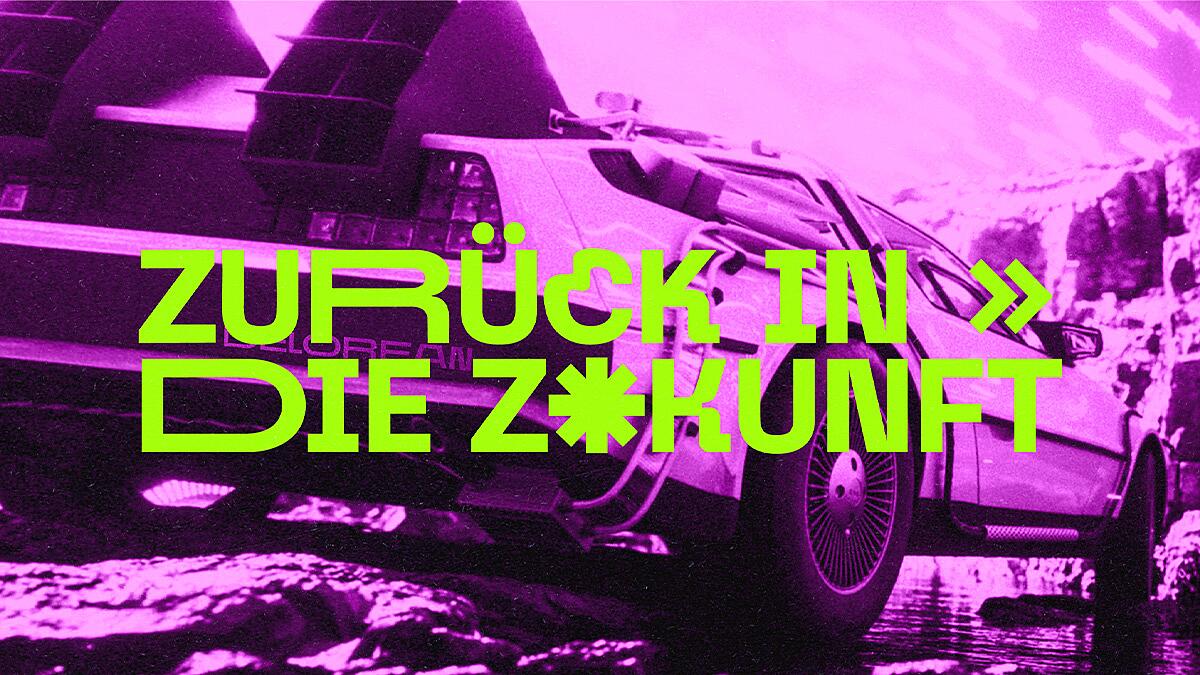 zurück in die zukunft, delorean mit neon-schriftzug