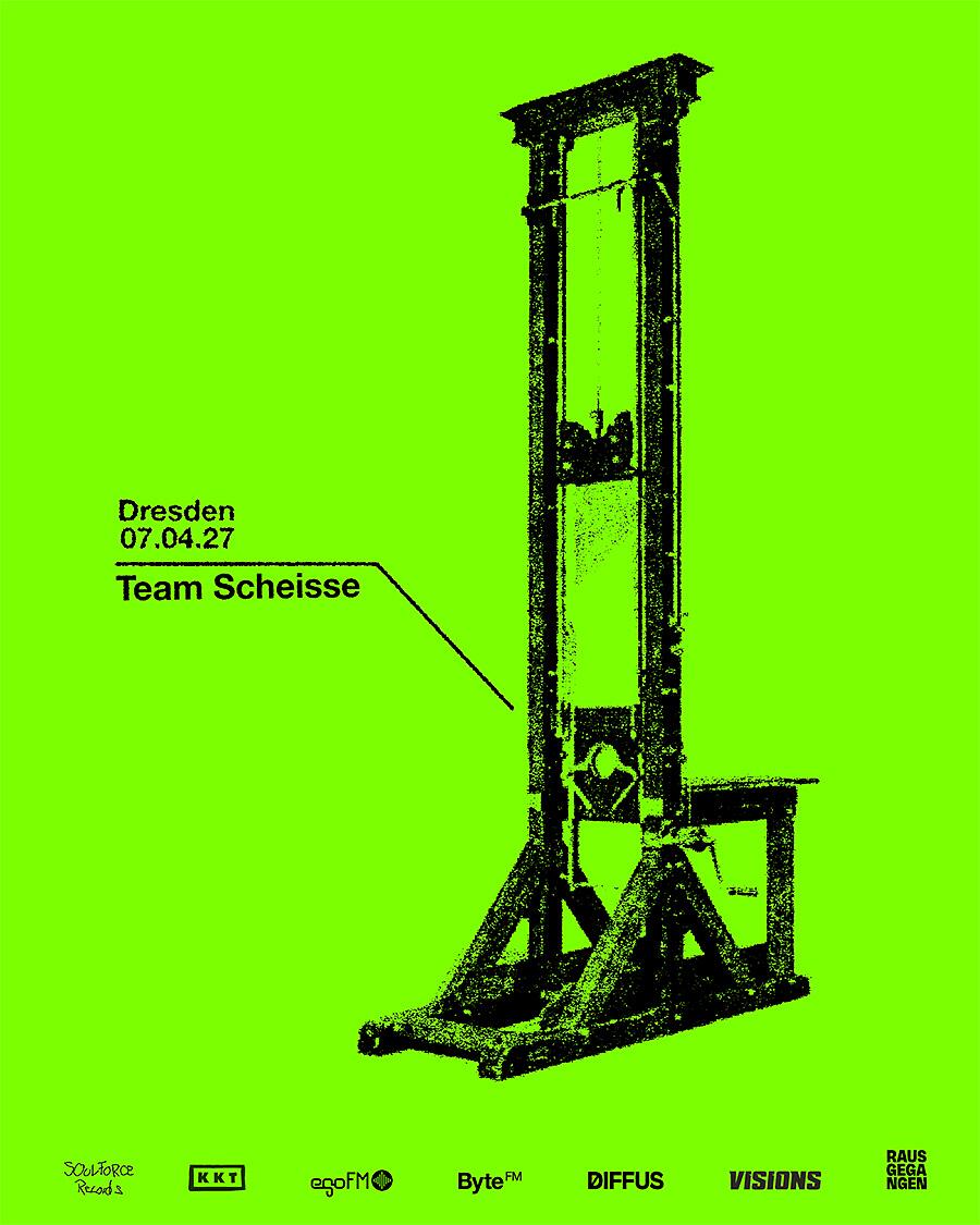 team scheisse, grafische illustration einer guillotine auf grünem hintergrund