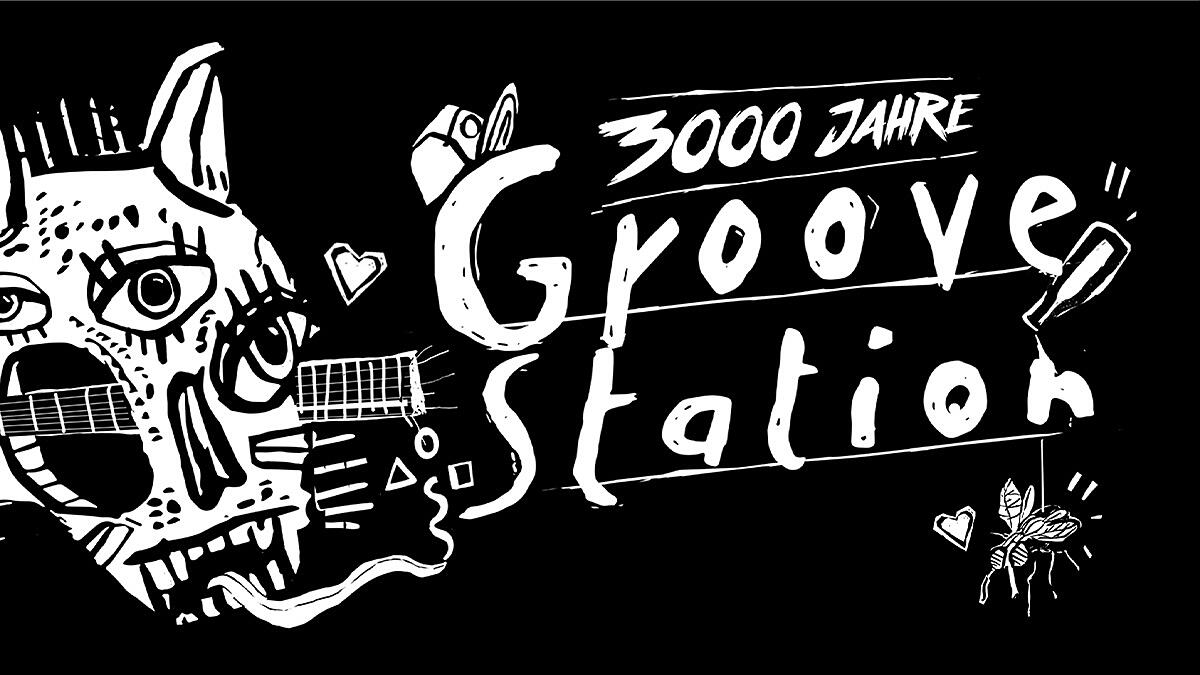 3000 jahre groovestation, gezeichnete grafik mit schriftzug auf schwarzem hintergrund