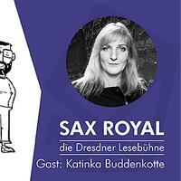 sax royal, gezeichnete figuren und portraitfoto katinka buddenkotte rechts