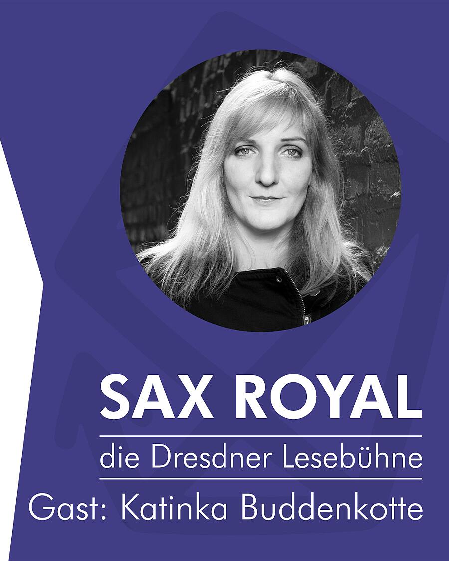 sax royal, gezeichnete figuren und portraitfoto katinka buddenkotte rechts