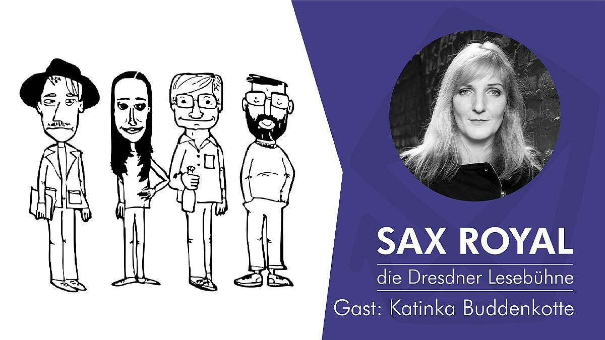 sax royal, gezeichnete figuren und portraitfoto katinka buddenkotte rechts