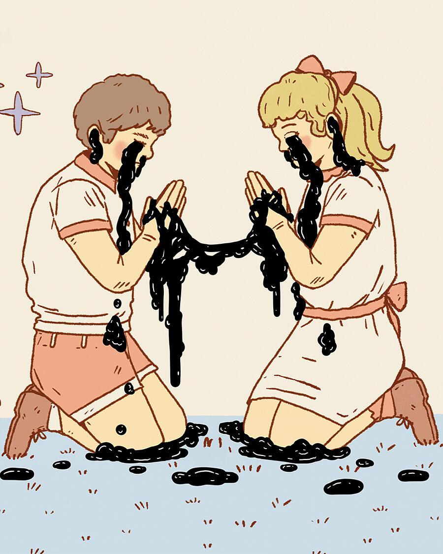 greet death, illustration mit zwei knienden figuren und schwarzer flüssigkeit