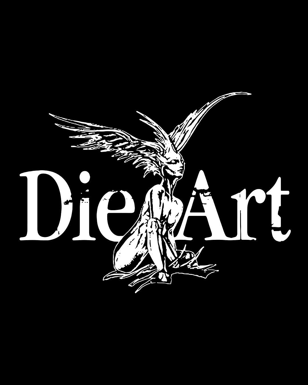 die art, schwarze grafik mit geflügelter figur und schriftzug