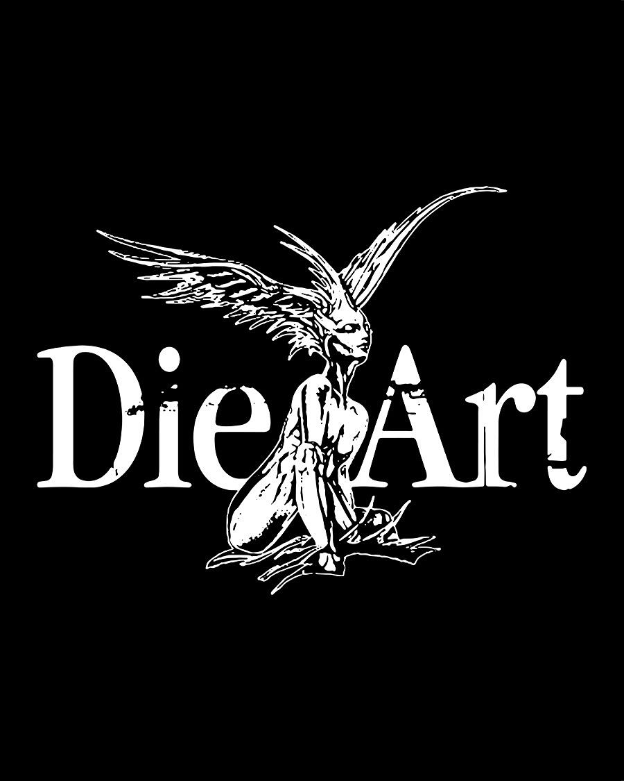 die art, schwarze grafik mit geflügelter figur und schriftzug