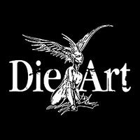 die art, schwarze grafik mit geflügelter figur und schriftzug